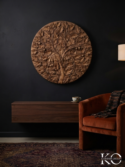 Chinar Tree Intricate Design Hand Carved Walnut Wood Circular Panel | Hand Carved In Kashmir