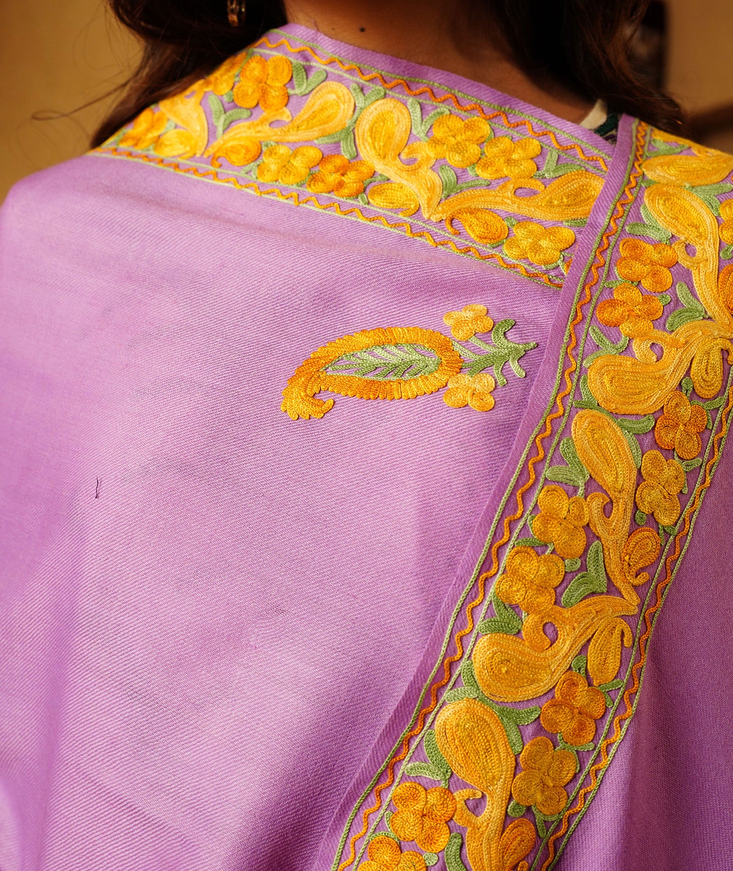 Lavender Aari Embroidered Woolen Shawl