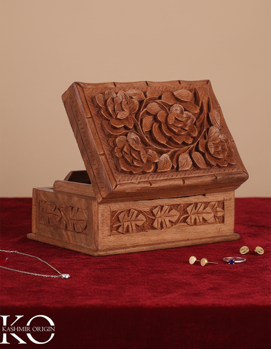 Walnut Wood Rose Handmade Storage Box | Jewellery Box | Hand Carved in kashmir