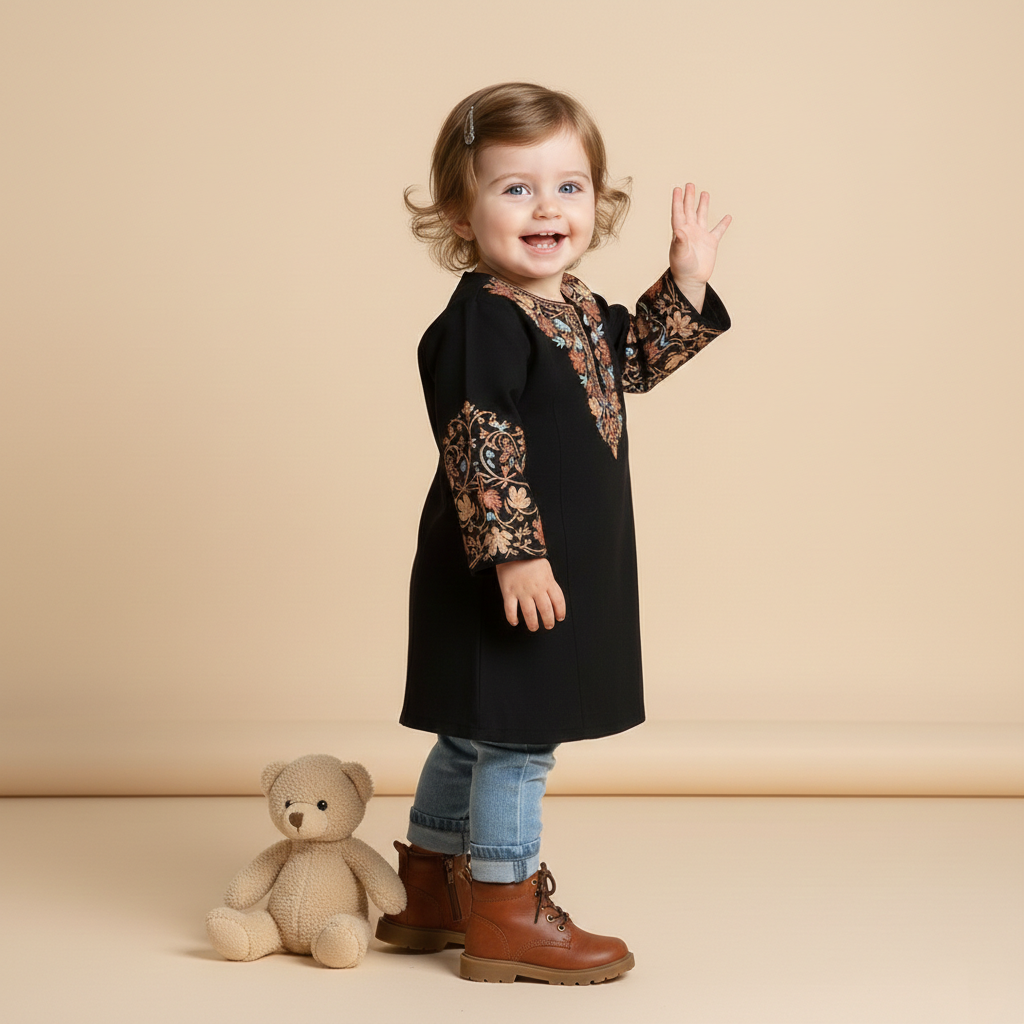 Black Chinar Aari Embroidered Woolen Kids Pheran | Girls Pheran | Kids Wear
