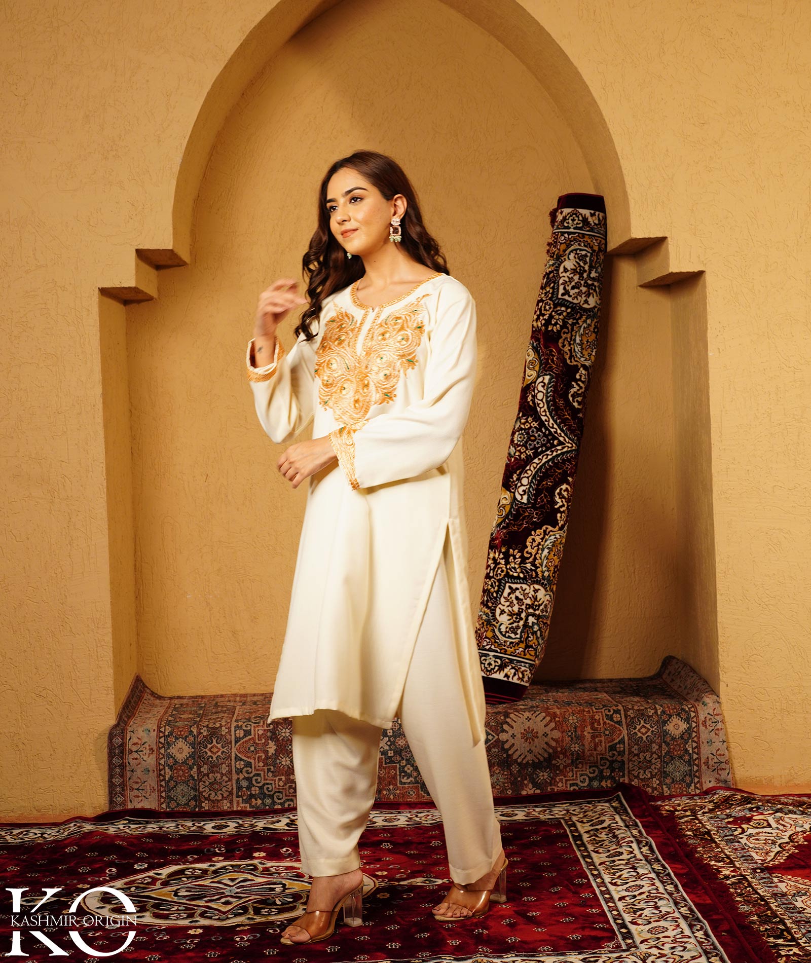 Creme Tilla Embroidered Woolen Suit With Shawl
