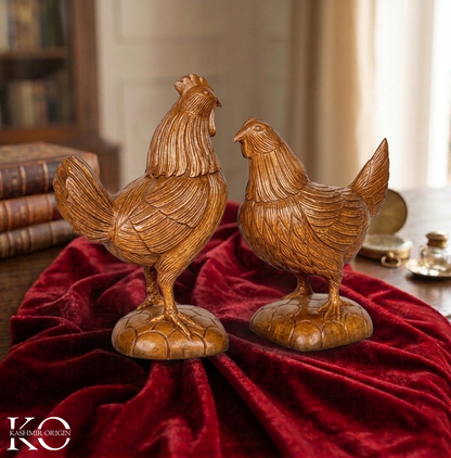 Handcrafted Walnut Wood Rooster and Hen Decorative Figurine Set | One Piece wood | Kashmir Art