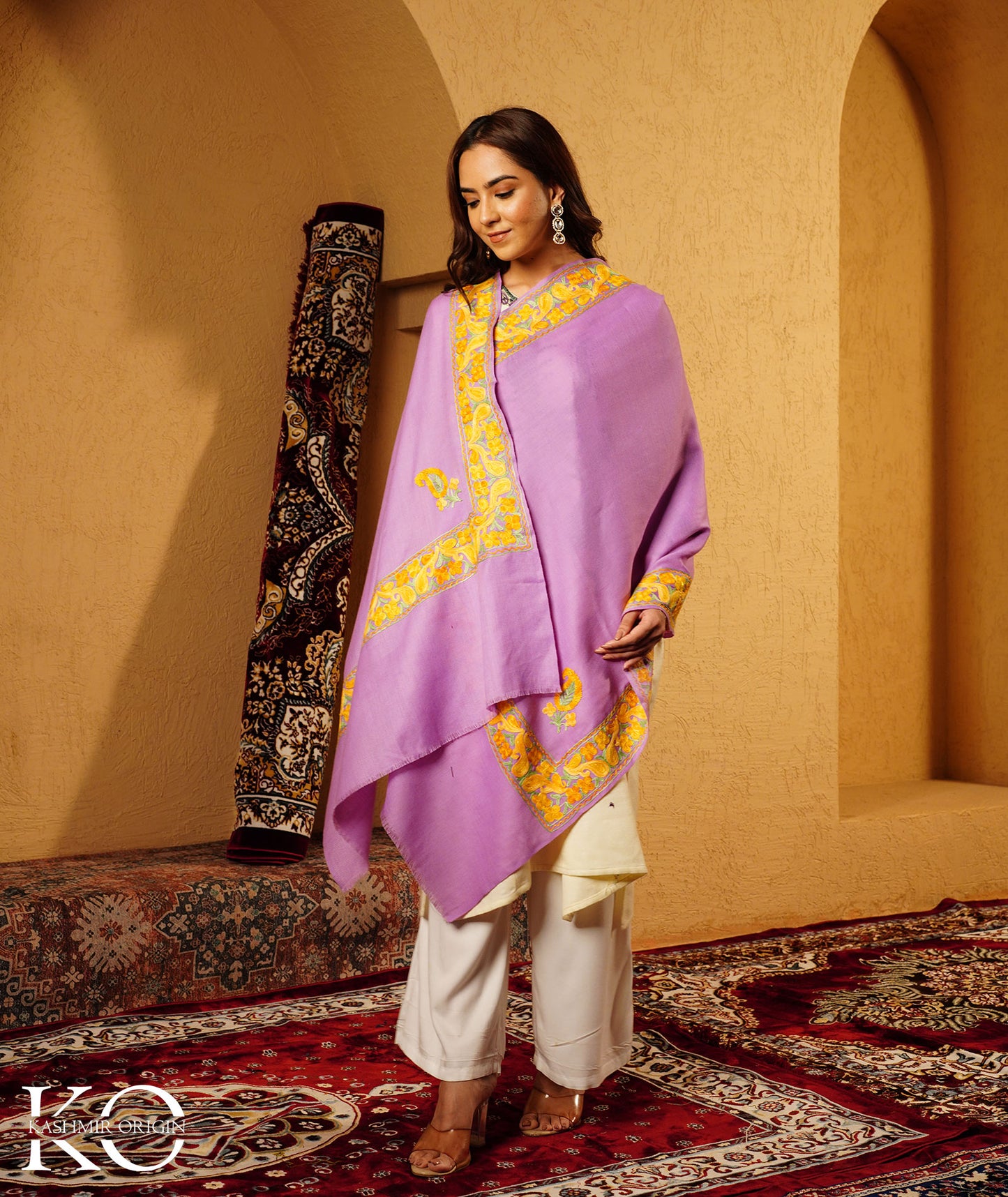 Lavender Aari Embroidered Woolen Shawl