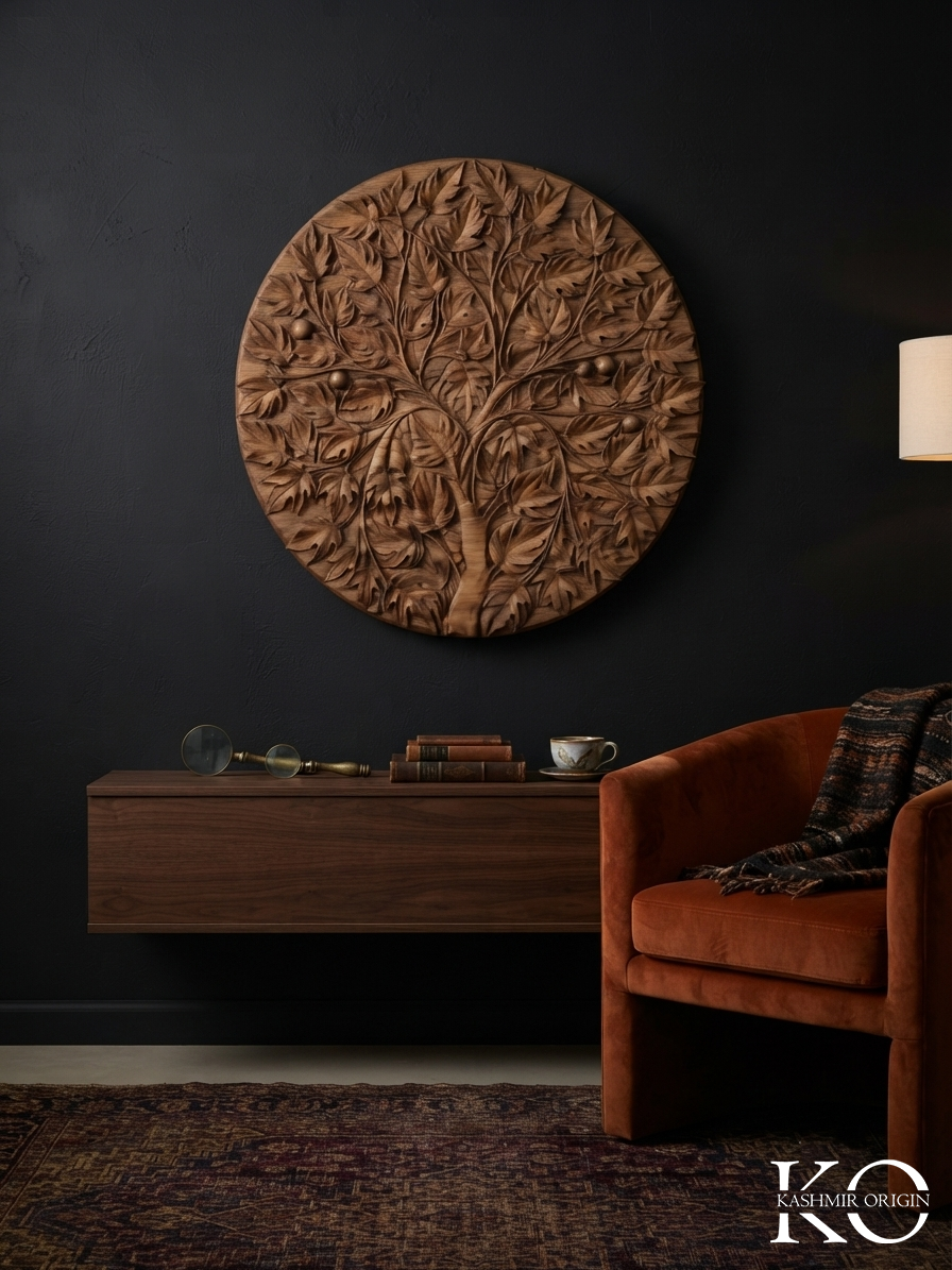 Chinar Tree Intricate Design Hand Carved Walnut Wood Circular Panel | Hand Carved In Kashmir