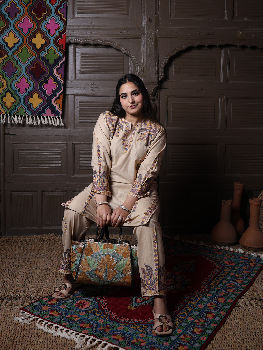 Beige Paisley Aari Embroidered Kashmiri Cotton Co-Ord Set