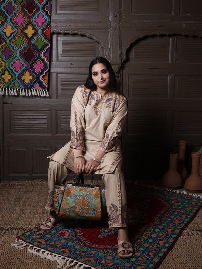 Beige Paisley Aari Embroidered Kashmiri Cotton Co-Ord Set