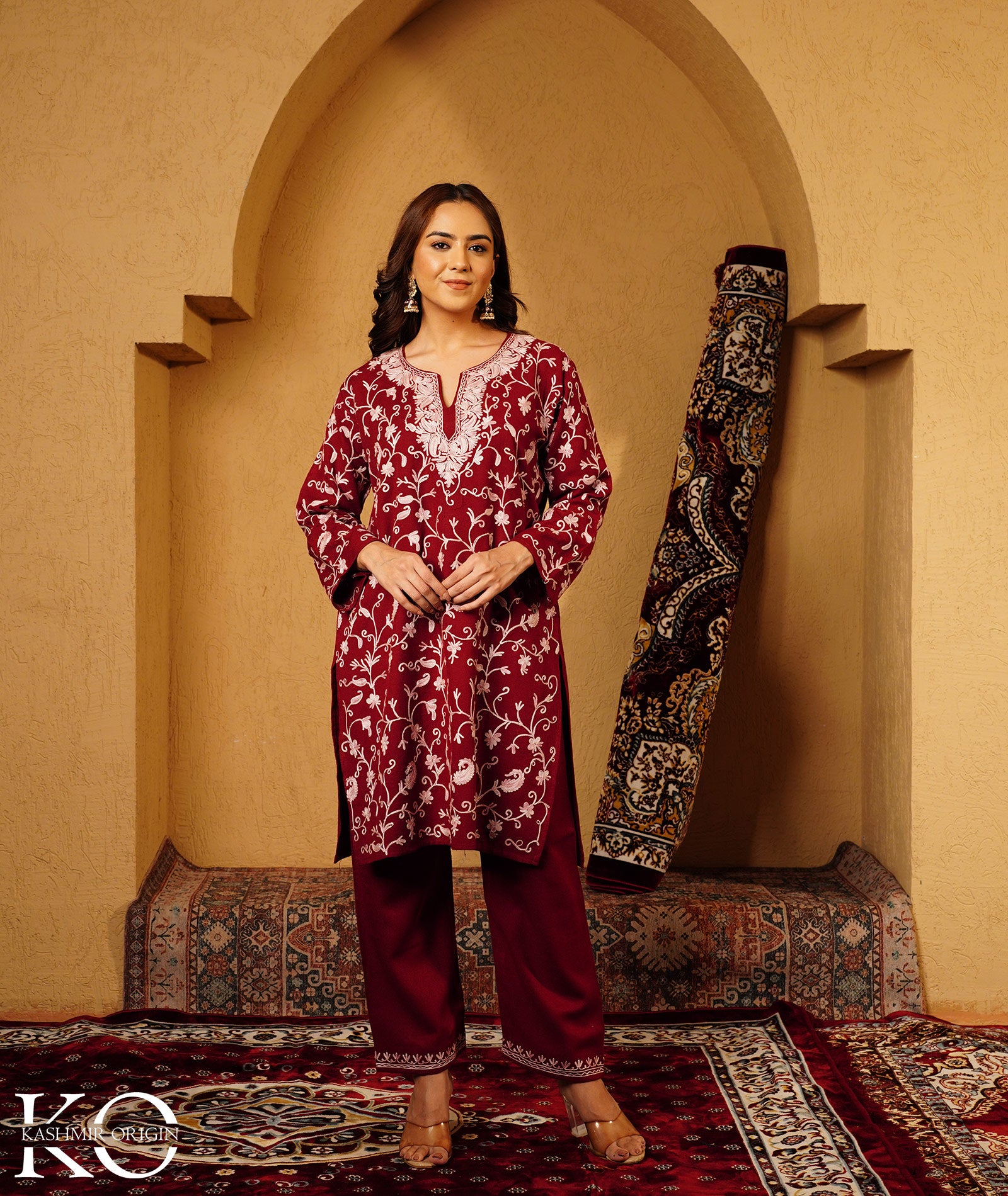 Maroon Aari Embroidered Woolen Co-ord Set