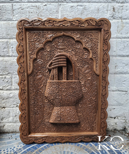 Kashmiri kangir (Fire pot) Design Hand Carved Walnut Wood Panel | Hand carved By Kashmiri Master Artisan