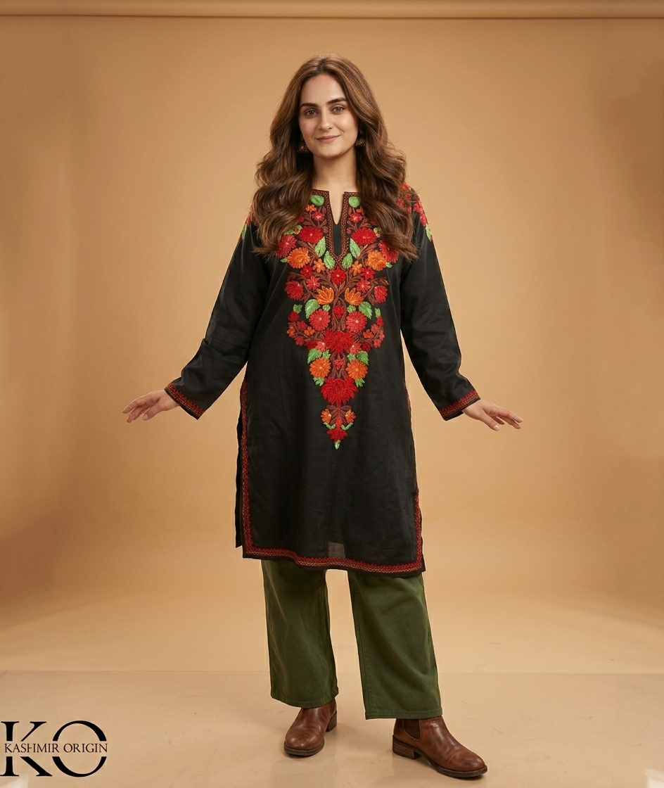 Black front back Design Aari embroidered Cotton Kurti