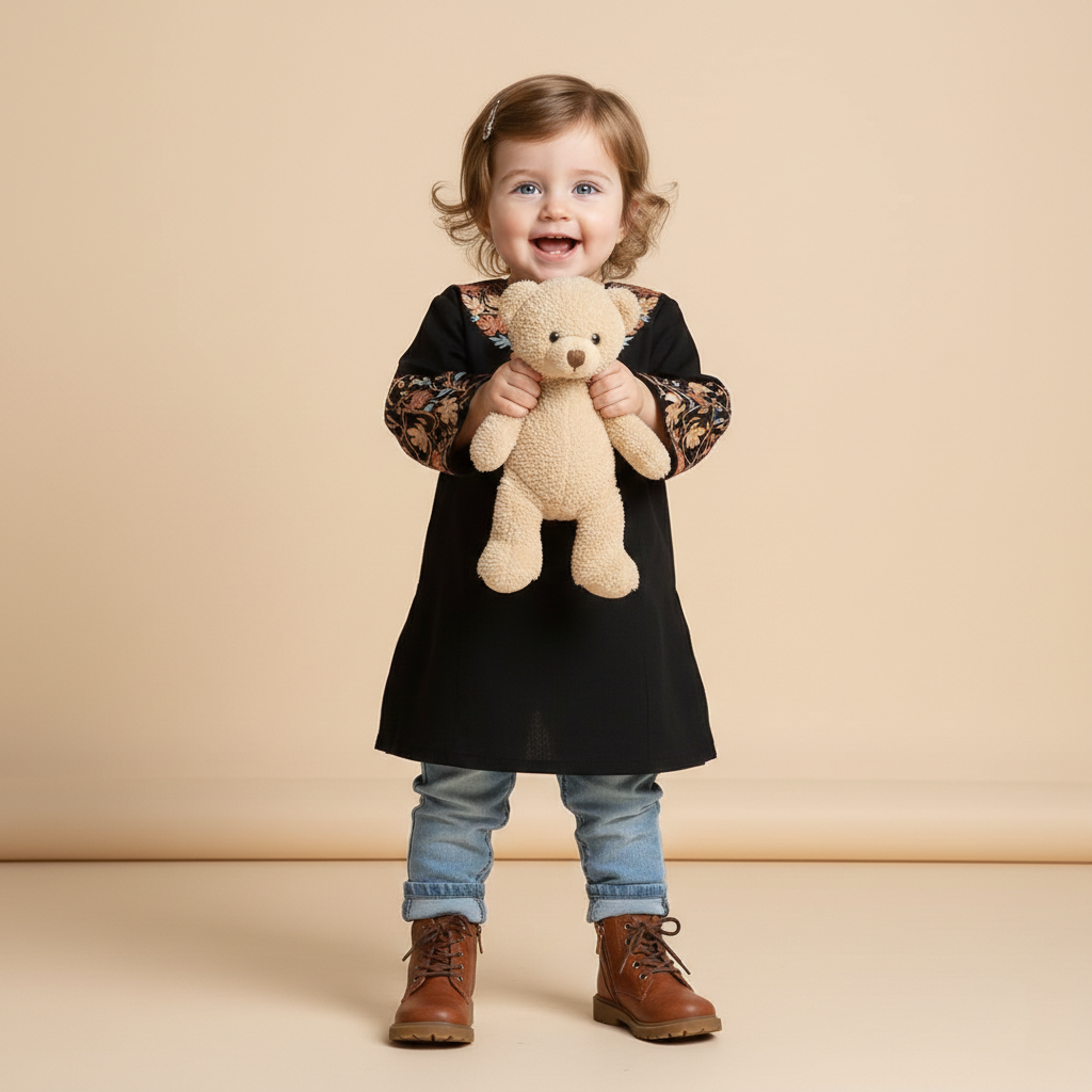 Black Chinar Aari Embroidered Woolen Kids Pheran | Girls Pheran | Kids Wear