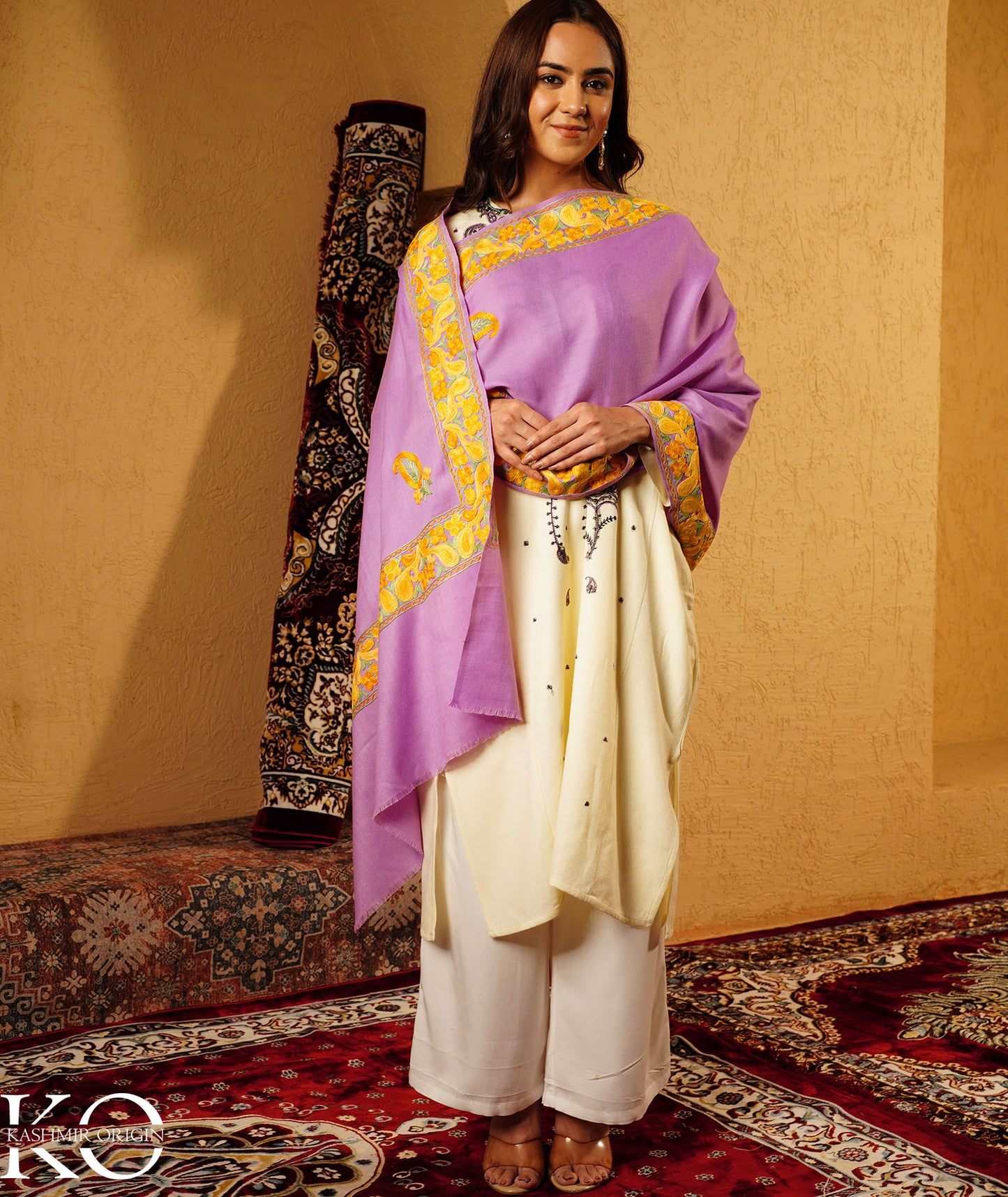 Lavender Aari Embroidered Woolen Shawl