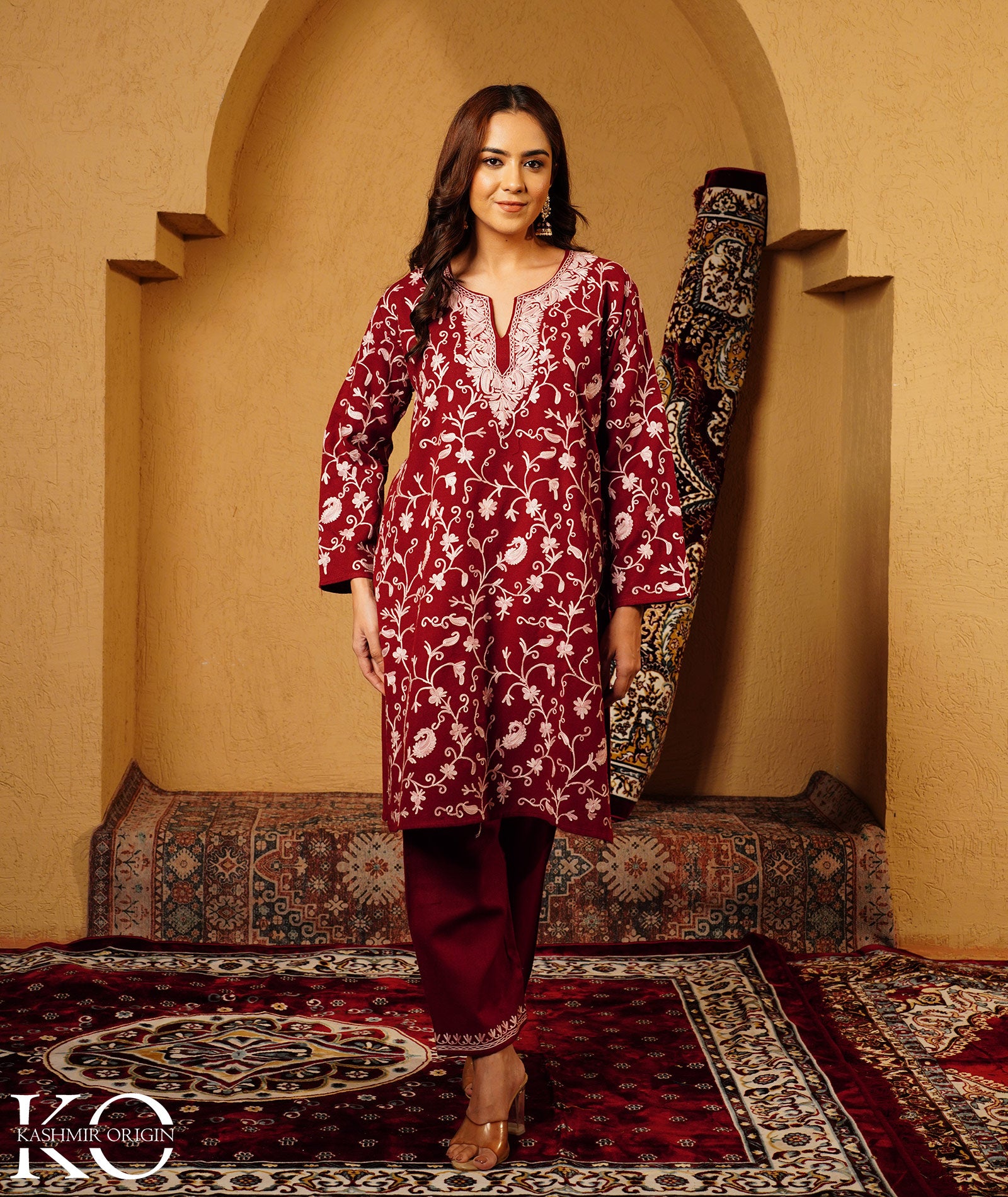 Maroon Aari Embroidered Woolen Co-ord Set