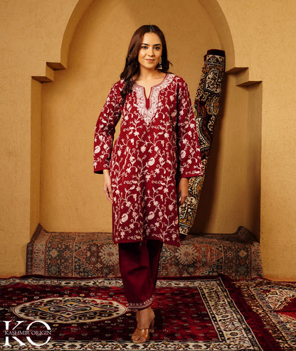 Maroon Aari Embroidered Woolen Co-ord Set