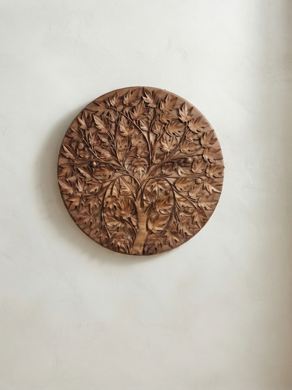 Chinar Tree Intricate Design Hand Carved Walnut Wood Circular Panel | Hand Carved In Kashmir
