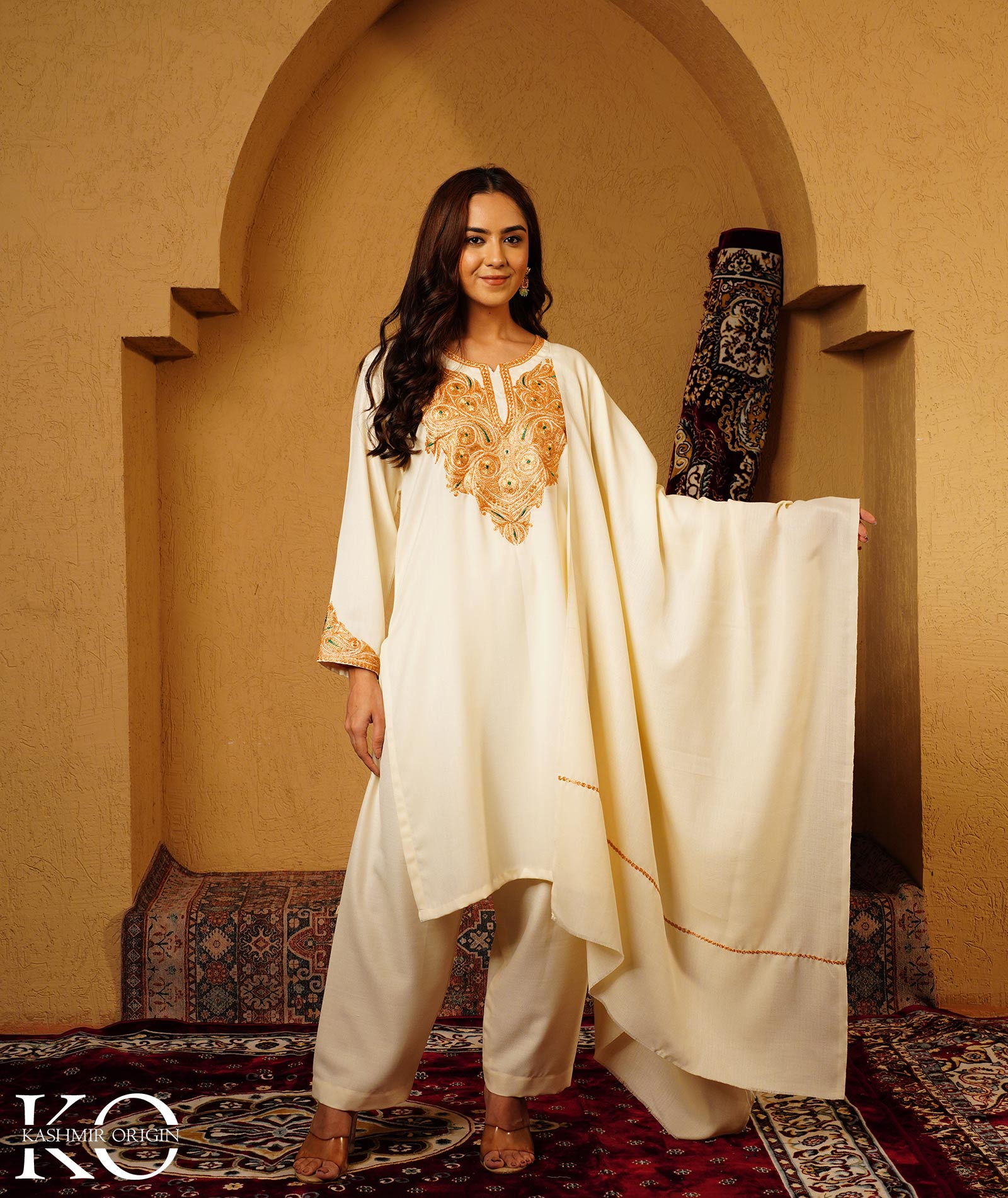 Creme Tilla Embroidered Woolen Suit With Shawl