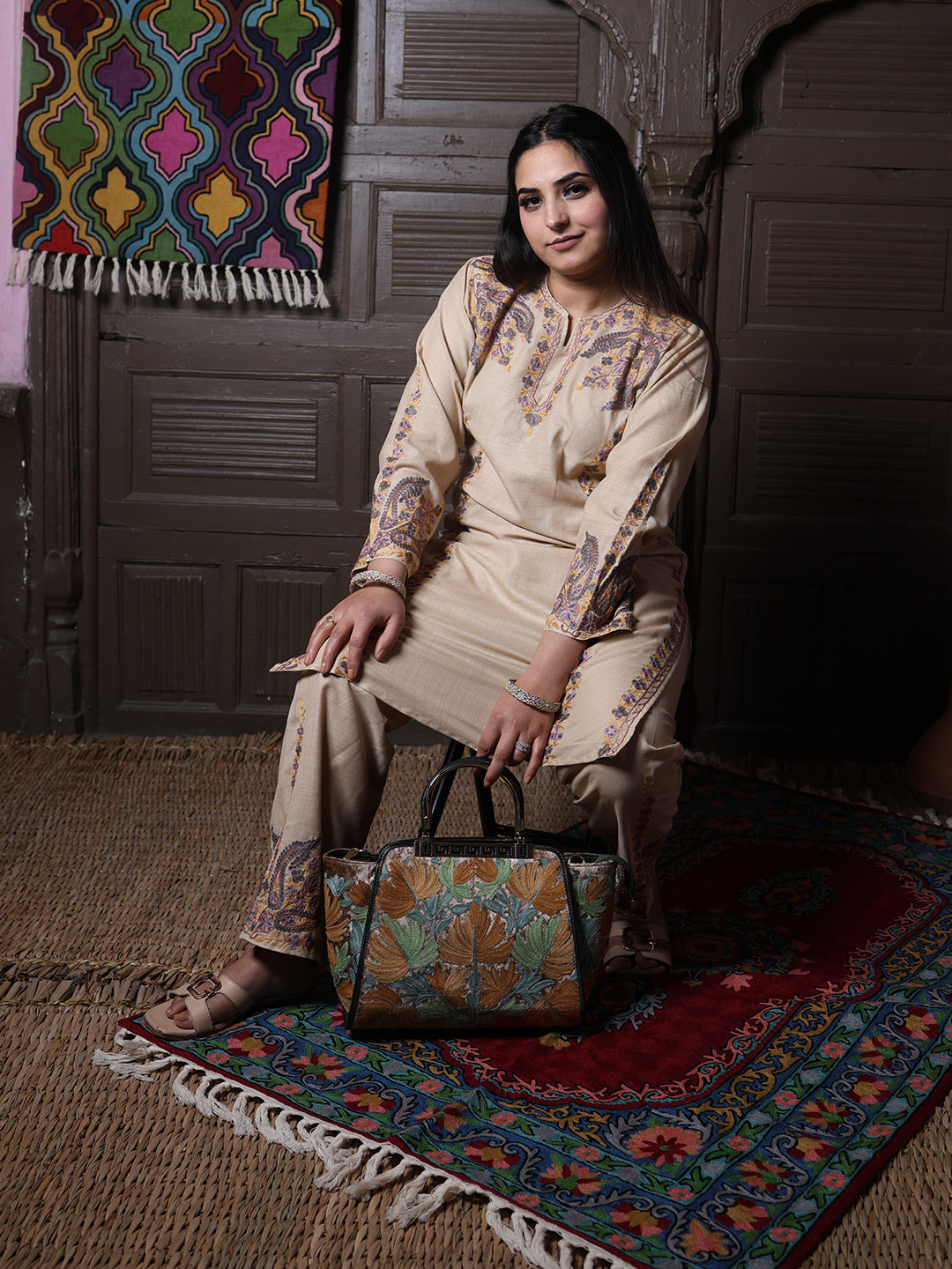 Beige Paisley Aari Embroidered Kashmiri Cotton Co-Ord Set