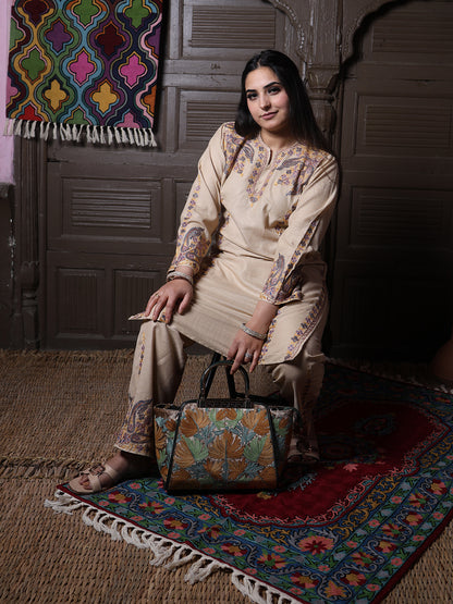 Beige Paisley Aari Embroidered Kashmiri Cotton Co-Ord Set