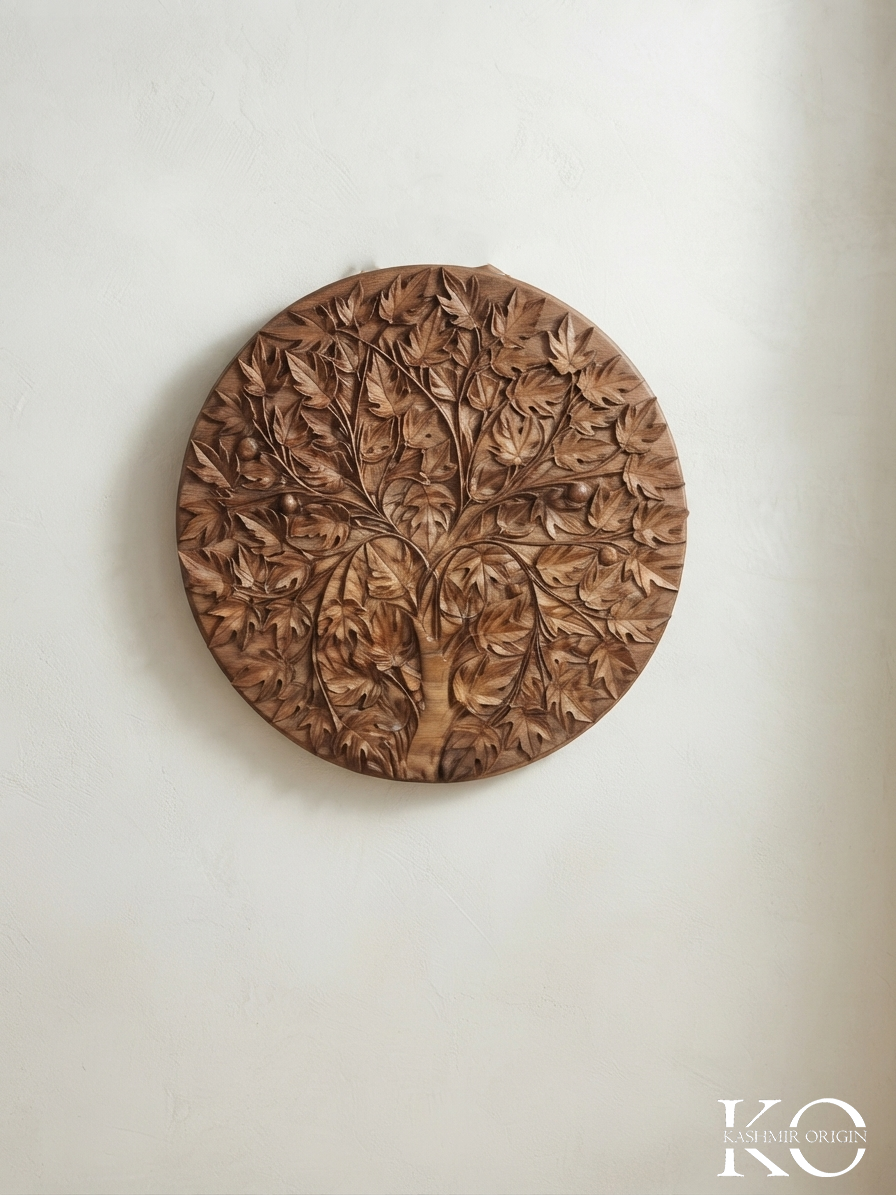 Chinar Tree Intricate Design Hand Carved Walnut Wood Circular Panel | Hand Carved In Kashmir
