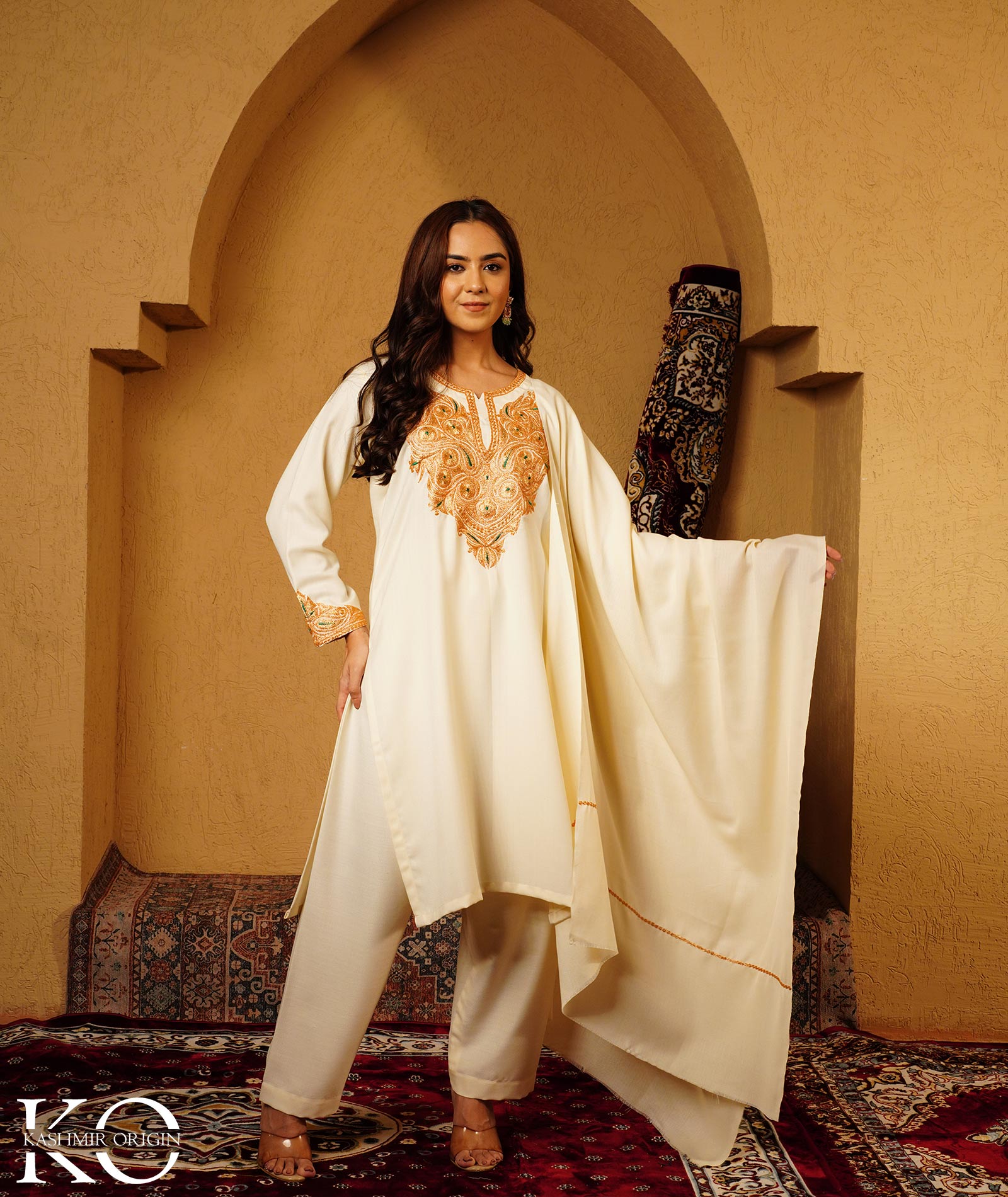 Creme Tilla Embroidered Woolen Suit With Shawl