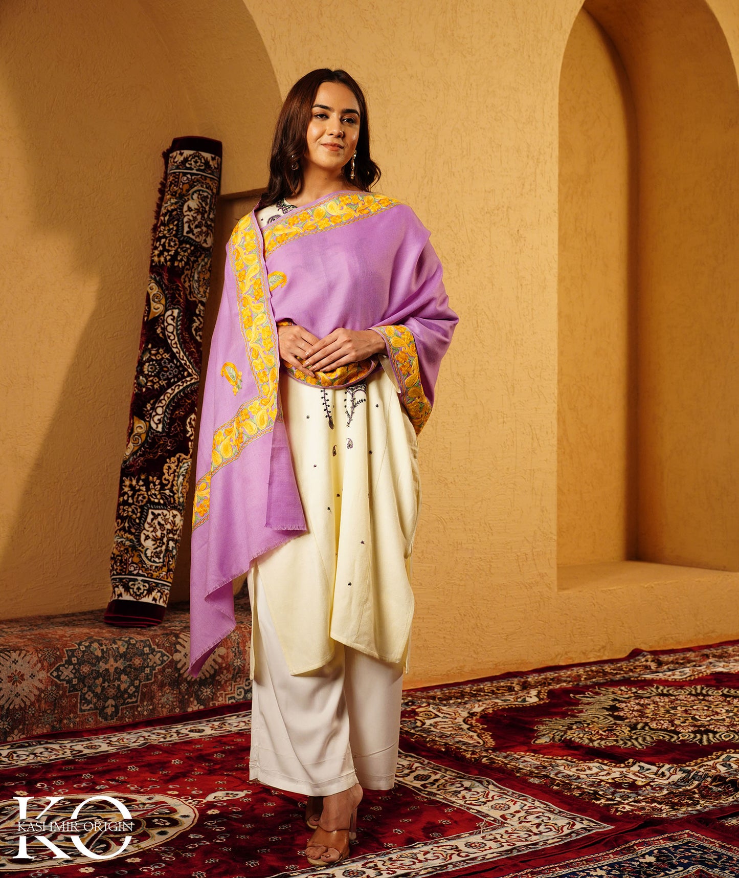 Lavender Aari Embroidered Woolen Shawl