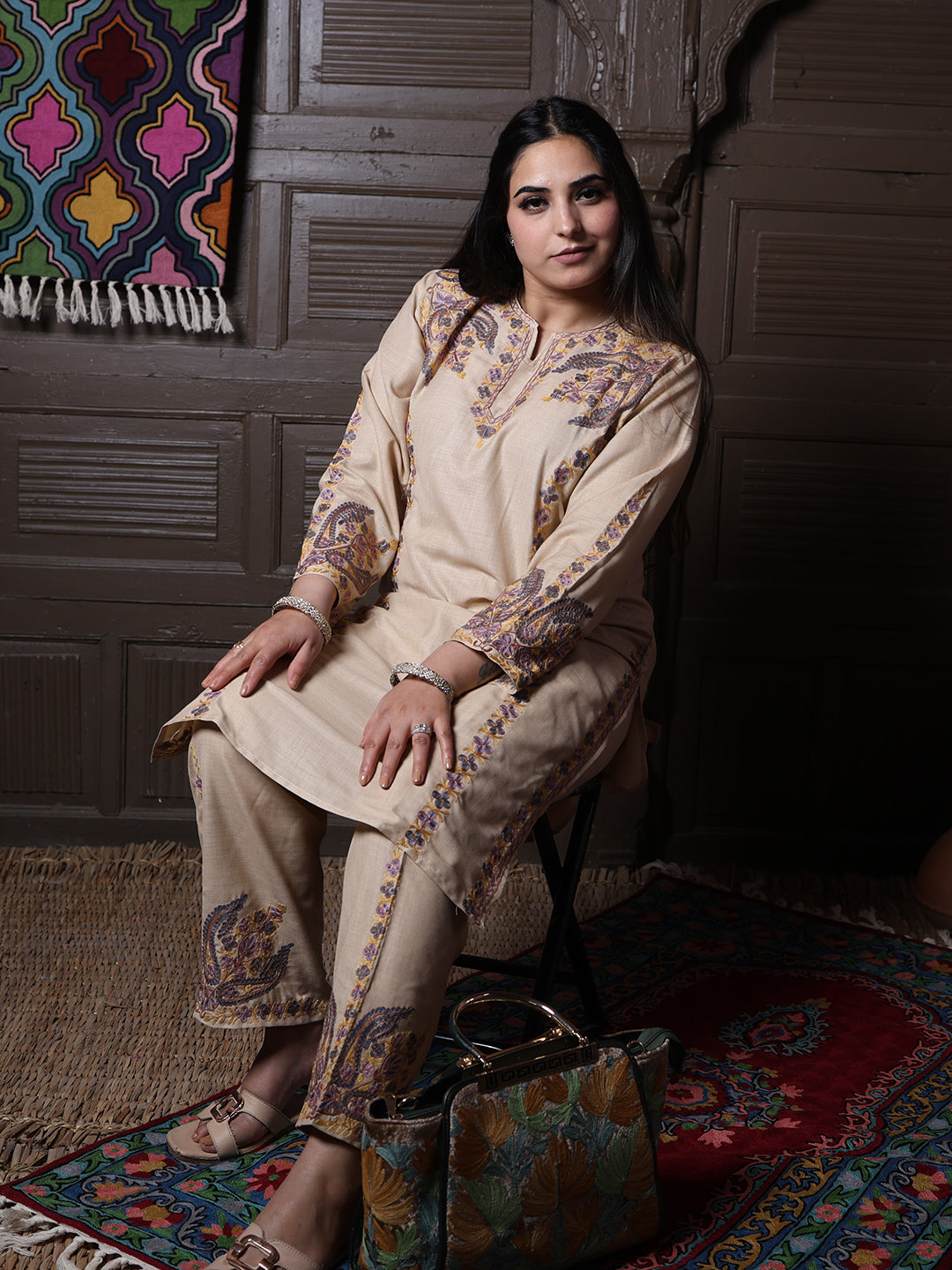 Beige Paisley Aari Embroidered Kashmiri Cotton Co-Ord Set