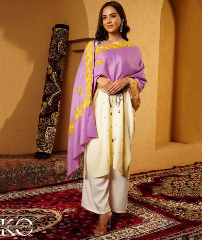 Lavender Aari Embroidered Woolen Shawl