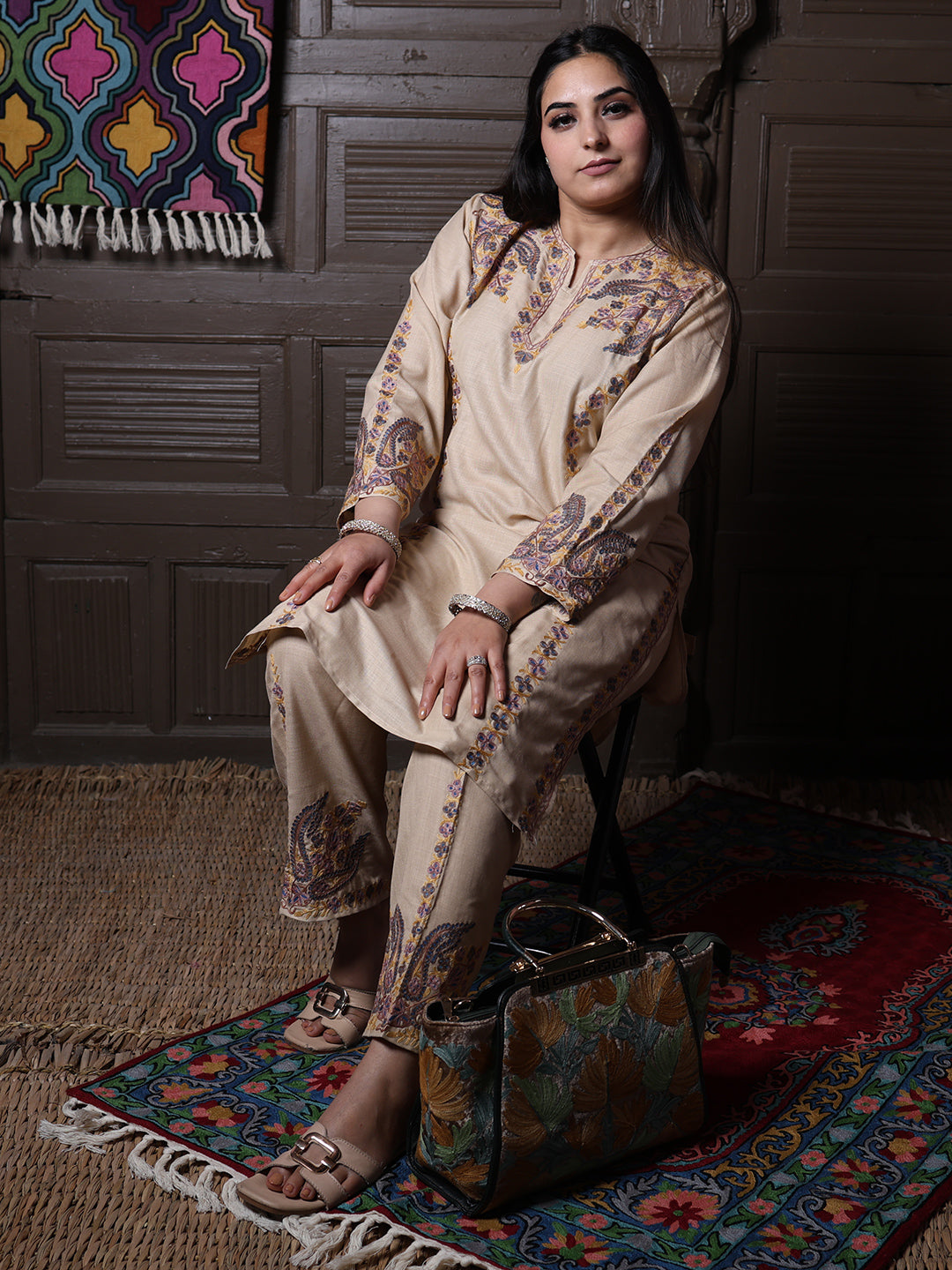 Beige Paisley Aari Embroidered Kashmiri Cotton Co-Ord Set