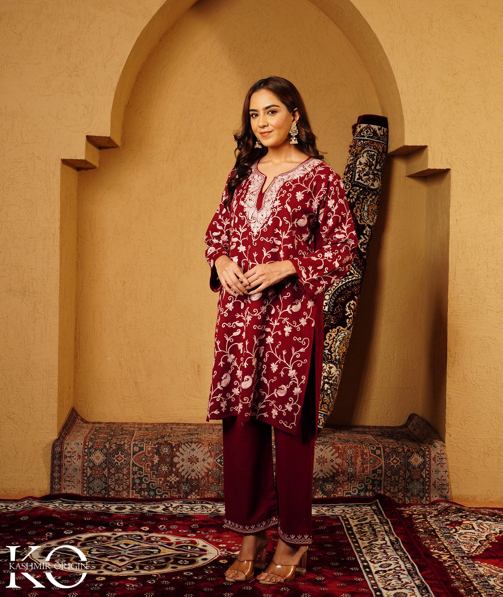Maroon Aari Embroidered Woolen Co-ord Set