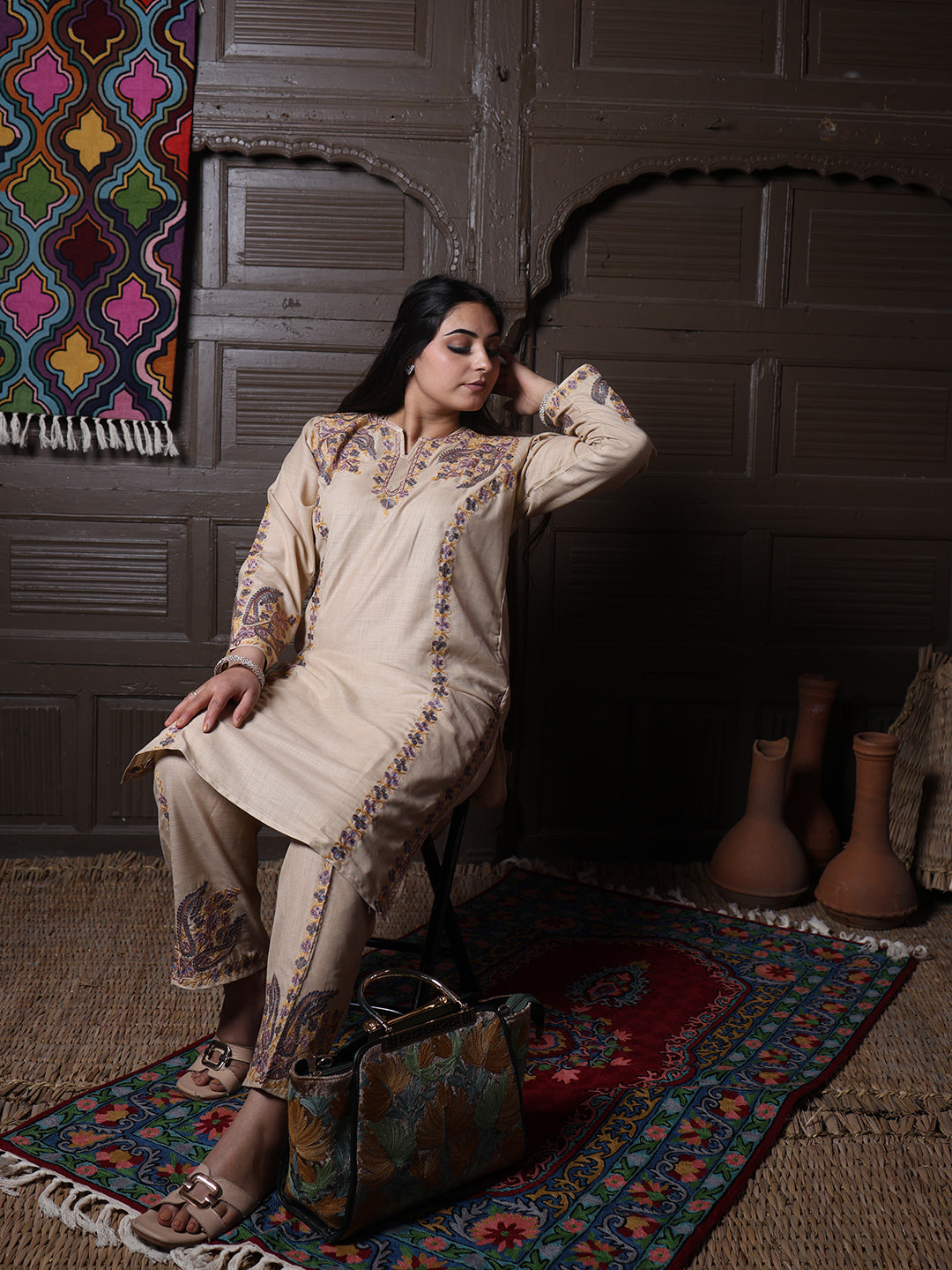 Beige Paisley Aari Embroidered Kashmiri Cotton Co-Ord Set