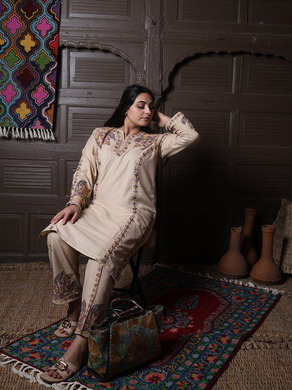 Beige Paisley Aari Embroidered Kashmiri Cotton Co-Ord Set