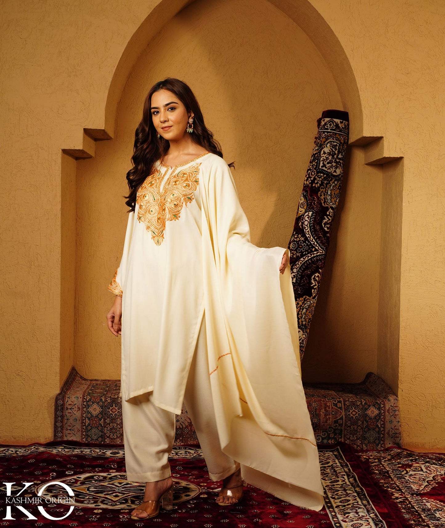 Creme Tilla Embroidered Woolen Suit With Shawl