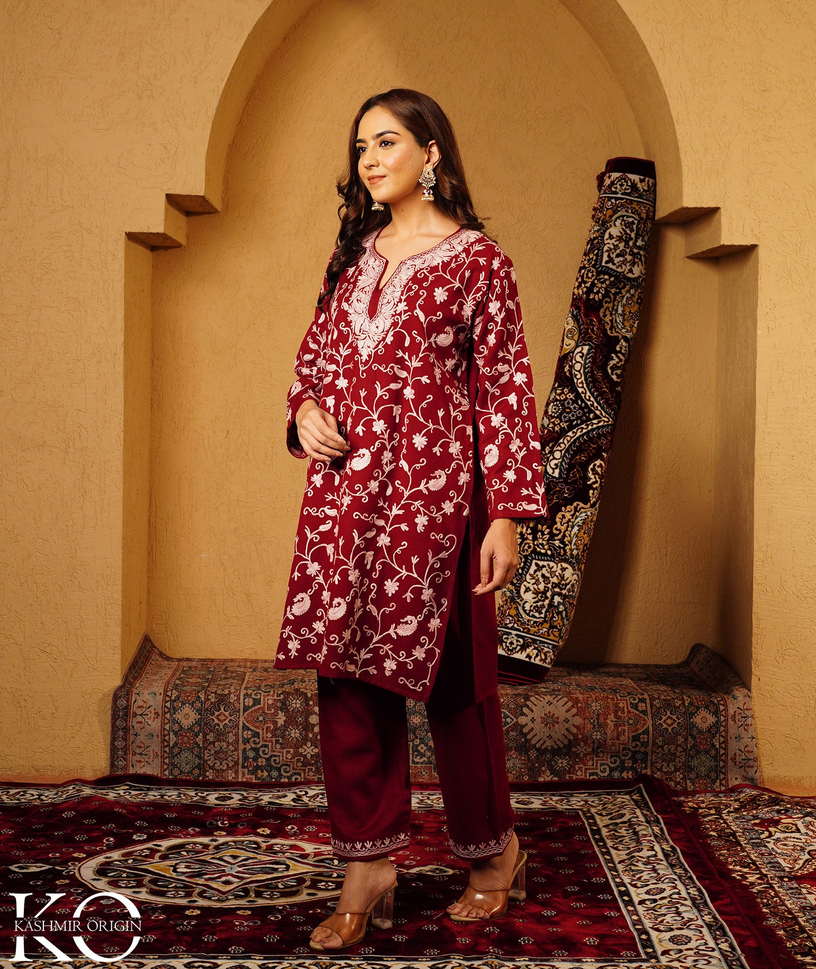 Maroon Aari Embroidered Woolen Co-ord Set