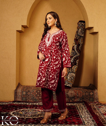 Maroon Aari Embroidered Woolen Co-ord Set