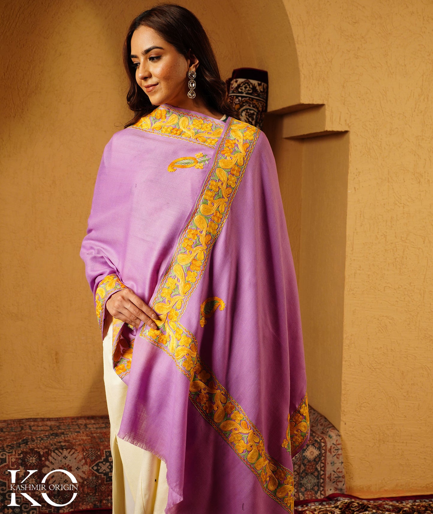 Lavender Aari Embroidered Woolen Shawl