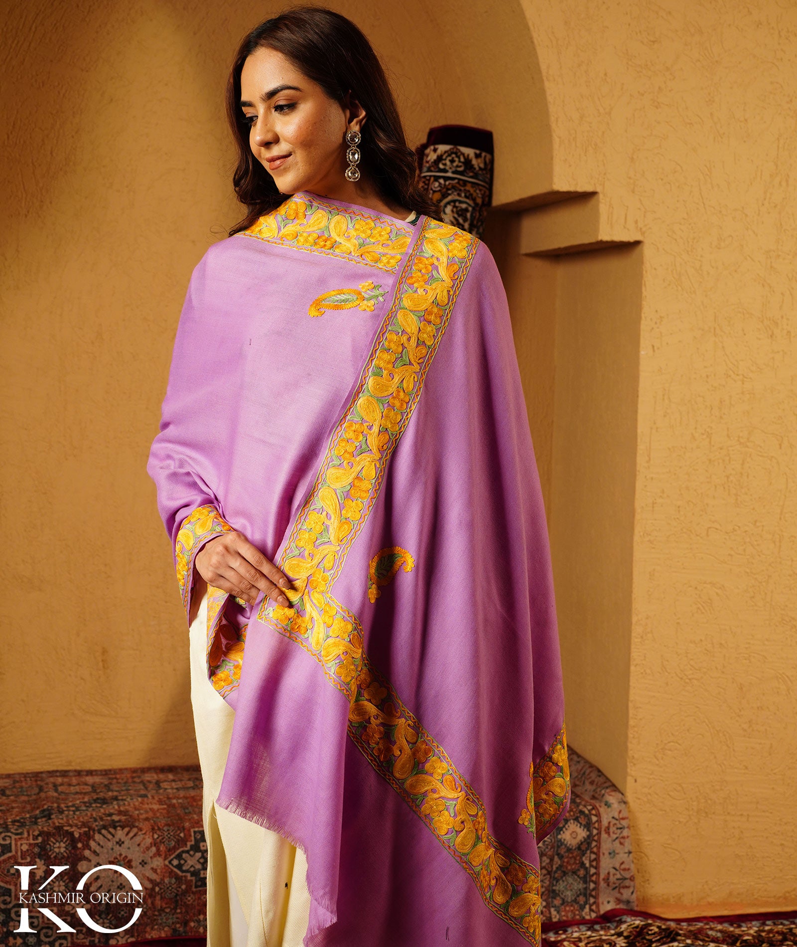 Lavender Aari Embroidered Woolen Shawl