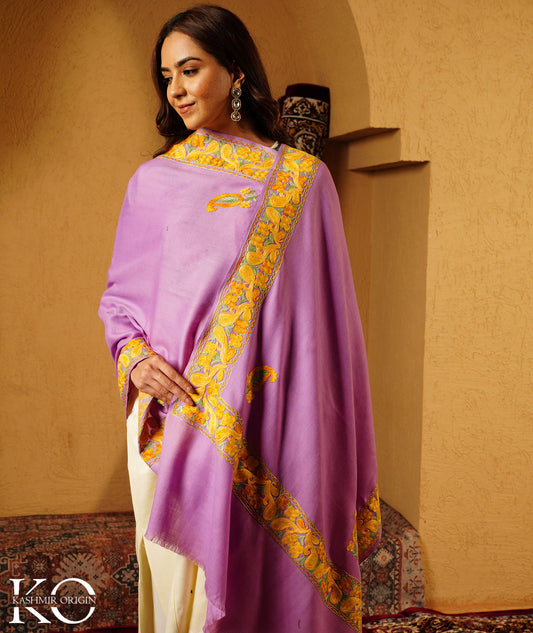 Lavender Aari Embroidered Woolen Shawl
