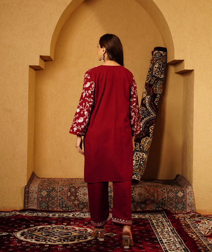 Maroon Aari Embroidered Woolen Co-ord Set