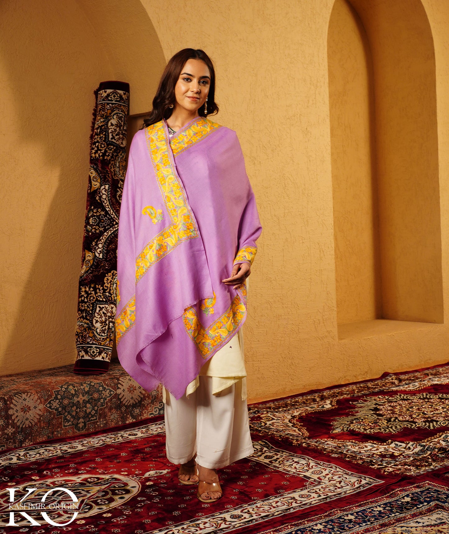 Lavender Aari Embroidered Woolen Shawl