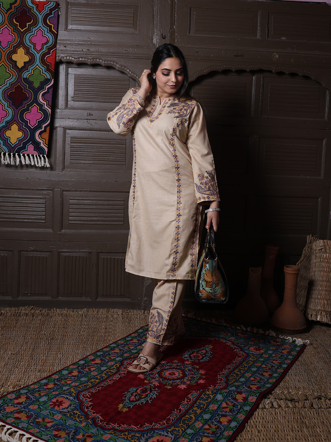Beige Paisley Aari Embroidered Kashmiri Cotton Co-Ord Set