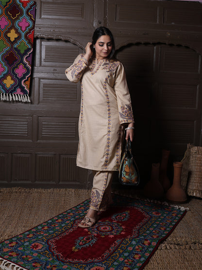 Beige Paisley Aari Embroidered Kashmiri Cotton Co-Ord Set