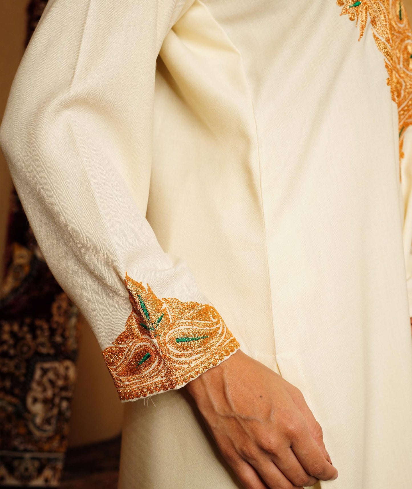 Creme Tilla Embroidered Woolen Suit With Shawl