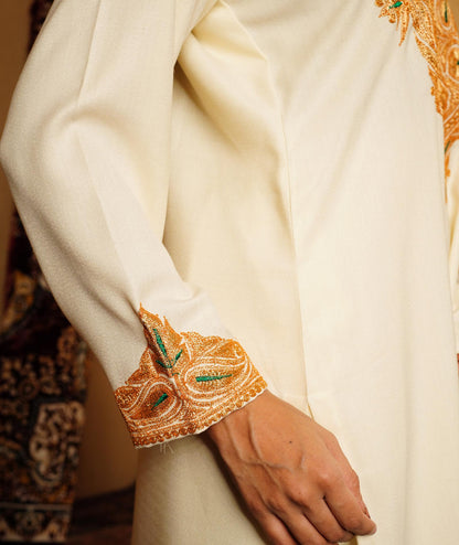 Creme Tilla Embroidered Woolen Suit With Shawl