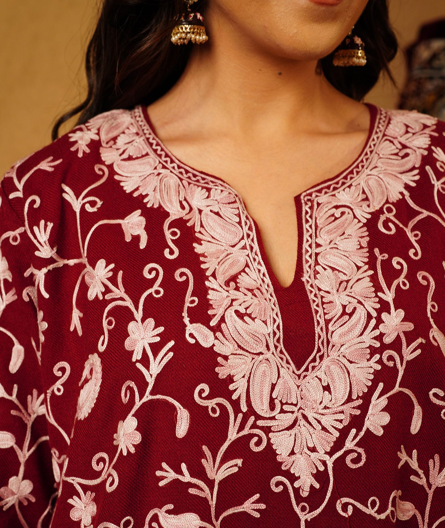 Maroon Aari Embroidered Woolen Co-ord Set