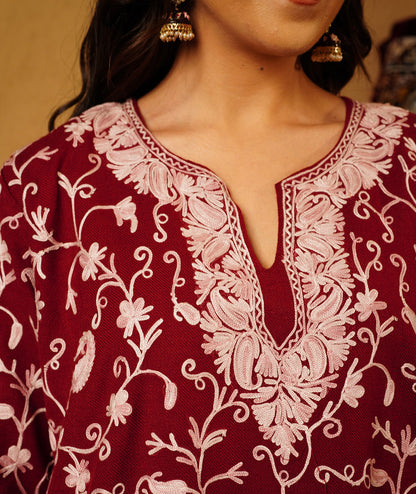 Maroon Aari Embroidered Woolen Co-ord Set