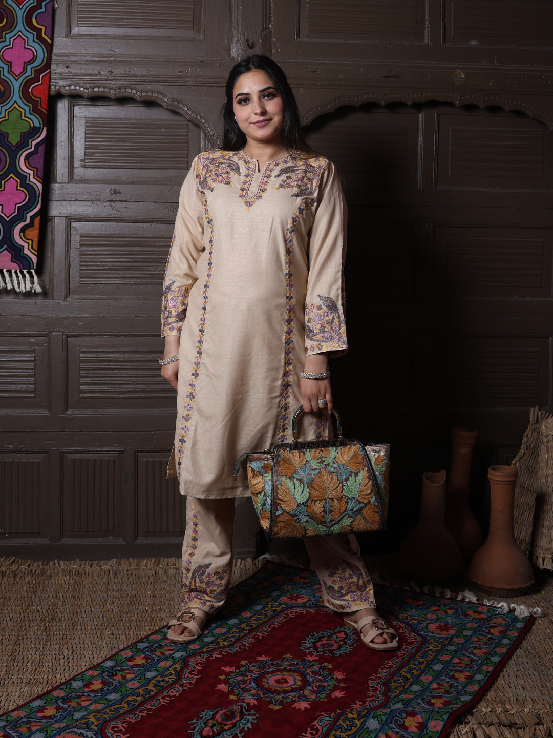 Beige Paisley Aari Embroidered Kashmiri Cotton Co-Ord Set