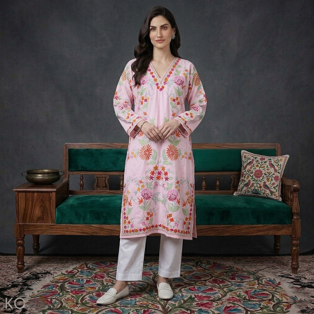 Pink Base Aari Embroidered Kurti
