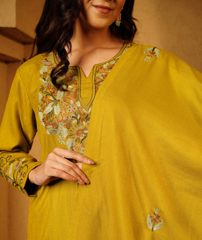 Chartreuse Green Aari Embroidered Woolen Suit With Shawl