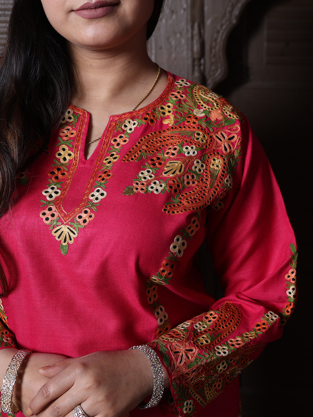 Hot Pink Aari Embroidered Kashmiri Cotton Co-Ord Set