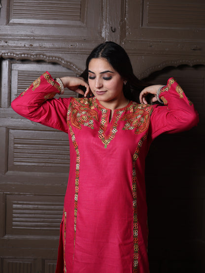 Hot Pink Aari Embroidered Kashmiri Cotton Co-Ord Set