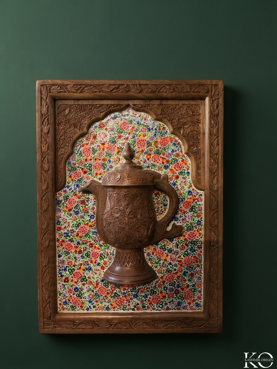 Embossed Kashmiri Samavar Design Hand Carved Walnut Wood Panel | Fussion of Paper Machie Art & Walnut Wood